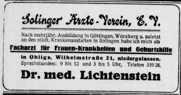 Eröffnungsanzeige von Dr. Hugo Lichtenstein im Ohligser Anzeiger vom 30.9.1931, Quelle: Stadtarchiv Solingen via zeitpunkt.nrw