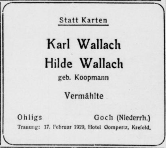 Vermählungsanzeige vom 16.2.1929 im Ohligser Anzeiger, Quelle: Stadtarchiv Solingen via zeitpunkt.nrw