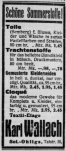 Annonce von Karl Wallach im Ohligser Anzeiger vom 9.5.1936, Quelle: Stadtarchiv Solingen via zeitpunkt.nrw